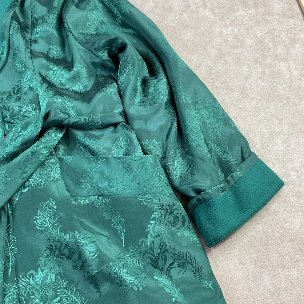 Victoria's Secret Robe Green Satin Fleece Lined Floral Pockets Belted Vintage